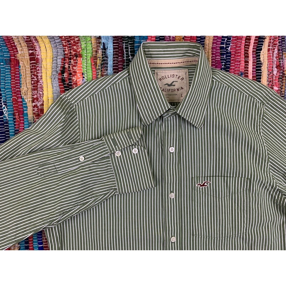 Hollister Men's Shirt Sz L Gree 100% Cotton Long Sleeve Striped Casual Button Up